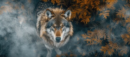 Top view of a wolf stalking prey in the forest