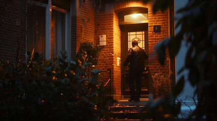 Masked intruder lurks outside a home in the dark, considering a potential break in, evoking a feeling of peril and tension