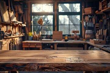 A rustic woodworking shop filled with wooden tools and planks