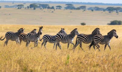 Obraz premium Zebra herd grazing near acacia trees