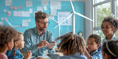 Teacher explaining science concepts to diverse students in classroom with wind turbines
