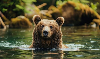 Obraz premium Bear bathing in a river cool water