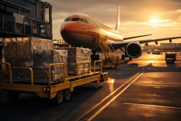 Cargo plane being loaded at sunset on the runway.