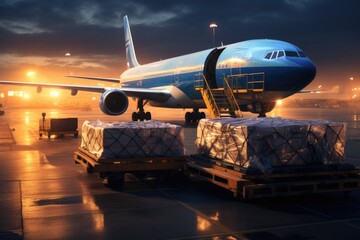 Cargo plane being loaded at sunset on the runway.