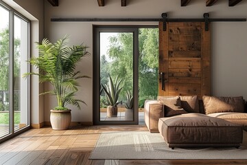 Modern home interior with a wooden sliding door.