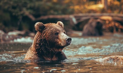 Obraz premium Bear bathing in a river cool water