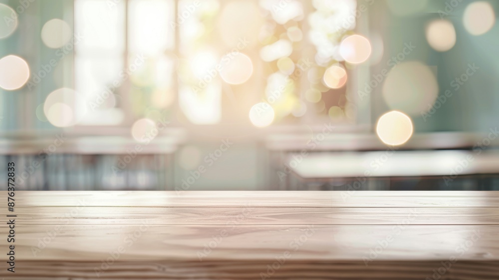 Poster blurred classroom background with clear focus on desks under soft light, focus on, learning environm