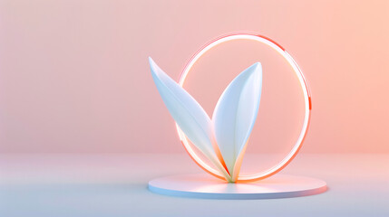 Elegant abstract sculpture with white shapes and a glowing ring in a soft pink background, perfect for modern and minimalist designs.