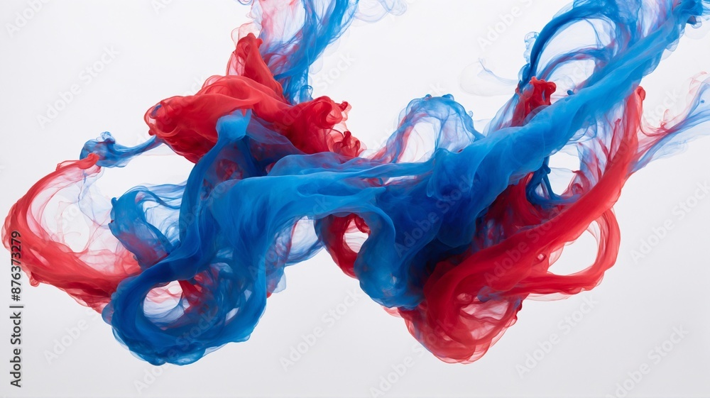 Poster a mesmerizing abstract photograph capturing the dynamic interplay of red and blue ink in water. the 