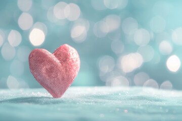 Fototapeta premium Glowing pink heart on a soft blue background, radiant love, selective focus, warmth, whimsical, dreamy backdrop