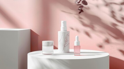 Cosmetic bottles on white platforms with plant shadows on pink background