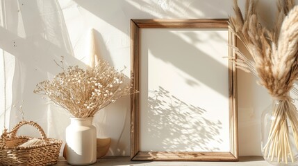 Empty wooden frame with dried flowers and wicker basket on a sunlit table