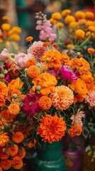 Beautiful flower arrangements made with marigolds, roses, and other vibrant flowers, set as centerpieces for Diwali decor. Diwali celebration