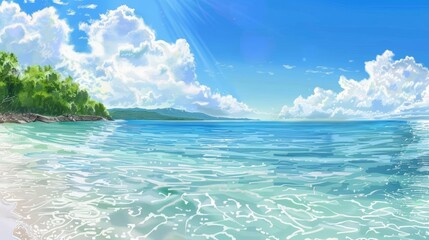 Sunny seascape, clear waterfront, inviting shoreline, Watercolor style