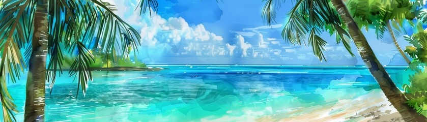 Tropical beach, turquoise waters, palm trees, Watercolor style