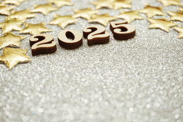 Happy New year 2025 with space copy on silver glitter background