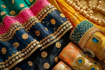 Close-up of traditional Diwali clothing and jewelry laid out, showcasing vibrant colors and intricate designs. Diwali celebration 