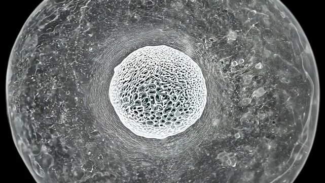 Close-up view of a human ovum with surrounding cumulus cells