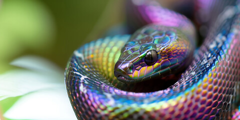 Close-up horizontal photo of a snake with beautiful iridescent neon skin pattern