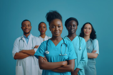 Group of African American medics standing on blue background wearing medical uniform, young female doctor with stethoscope in foreground