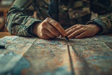 Military officer near the strategic map organizing a mission