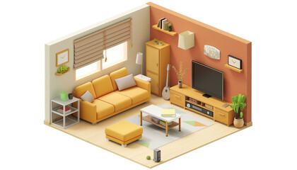 Modern home living room interior isometric 3d render
