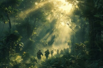 Group of soldiers walking in the forest on a mission