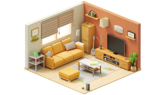Modern home living room interior isometric 3d render