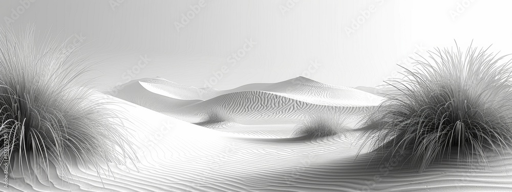Poster simple pencil drawing of minimalist view of rolling desert dunes with soft lines.