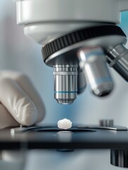 Pathologist examining tissue samples under a microscope, realistic, high detail, lab setting