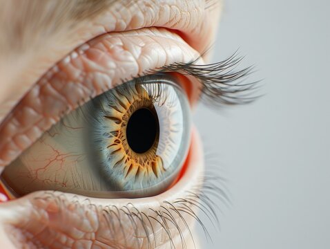 Detailed view of the human eye anatomy, realistic, high detail, neutral background
