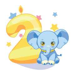 cute illustration for a children's birthday with a baby elephant and a figure candle. Soft bright colors, a postcard or a party invitation It's two years old for a boy
