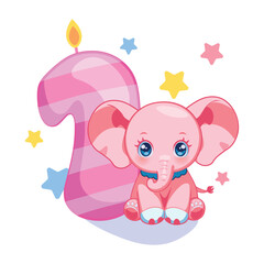 A cute illustration for a children's birthday with a baby elephant and a figure candle. Soft bright colors, a postcard or a party invitation for a girl of one year old