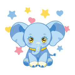 baby child elephant blue color with heart and stars illustration for children