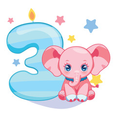 A cute illustration for a children's birthday with a baby elephant and a figure candle. Soft bright colors, a postcard or a party invitation for a three-year-old girl
