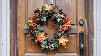 A doorway decorated with a Thanksgiving wreath made of leaves, berries, and pinecones