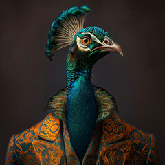 Portrait of peacock in human clothing. Creative portrait of wild animal on abstract background. Antropomorphic animal. 