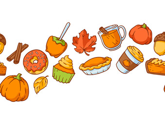 Autumn items and food pattern. Happy Thanksgiving Day and Halloween traditional symbols.