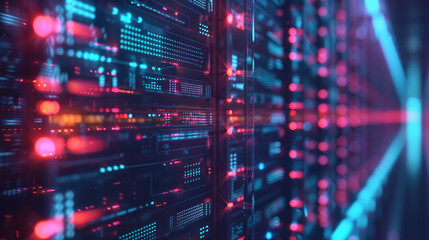 Obraz premium Abstract big data technology concept: A motion graphic depicting an abstract data center with data flow, transferring big data, blockchain storage, servers, and high-speed internet. Presented in a 3D 