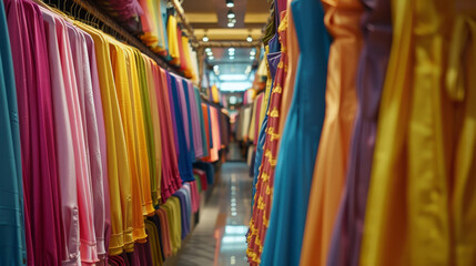 Obraz premium The camera smoothly moves through an aisle in a fashion store, gliding past neatly arranged racks of brightly colored clothing, all set for the grand opening.