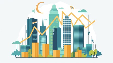 Fototapeta premium A city skyline with a graph showing a decline in the economy