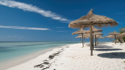 A row of straw umbrellas on a beach next to the ocean, AI