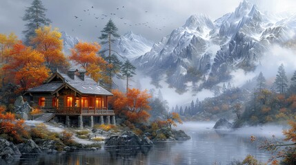 Fototapeta premium Cozy Cabin by Misty Autumn Mountain. Charming cabin nestled by a serene lake, surrounded by vibrant autumn foliage and misty snow-capped mountains in the background. 
