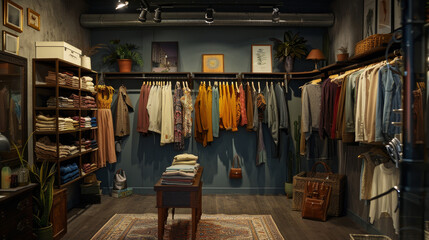 Fototapeta premium A women's fashion boutique showcasing new collection clothing, without any people present.