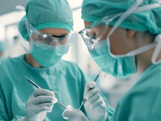 Surgeon using precise tools, realistic, welllit, sterile environment