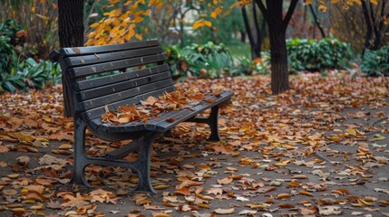 A peaceful scene with a bench covered in autumn leaves, in a park with fall foliage