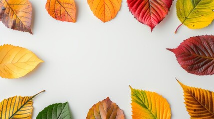 Obraz premium A frame of assorted autumn leaves on a white backdrop, intricate veins and vibrant shades, high-resolution photo, focus cover all object, deep dept of field