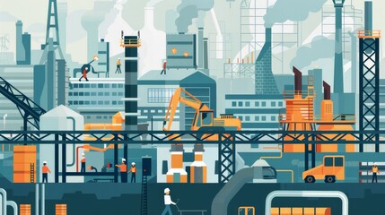 A cityscape with a lot of industrial buildings and a man in a hard hat walking