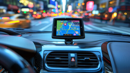 GPS navigation system with detailed city street map and landmarks. It provides detailed directions to various locations.