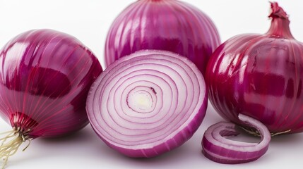Artistic photo of red onions against a white backdrop, highlighting the natural sheen and intricate layers, professional studio setup, focus cover all object, deep dept of field